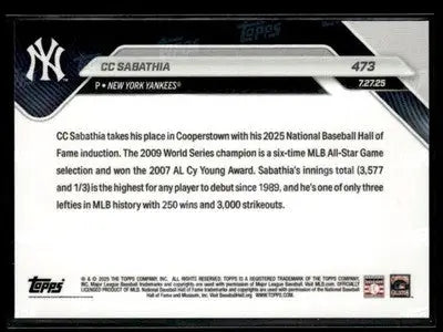 2025 Topps Now #473 CC Sabathia 2025 Hall of Fame Inductee - Baseball Card Single