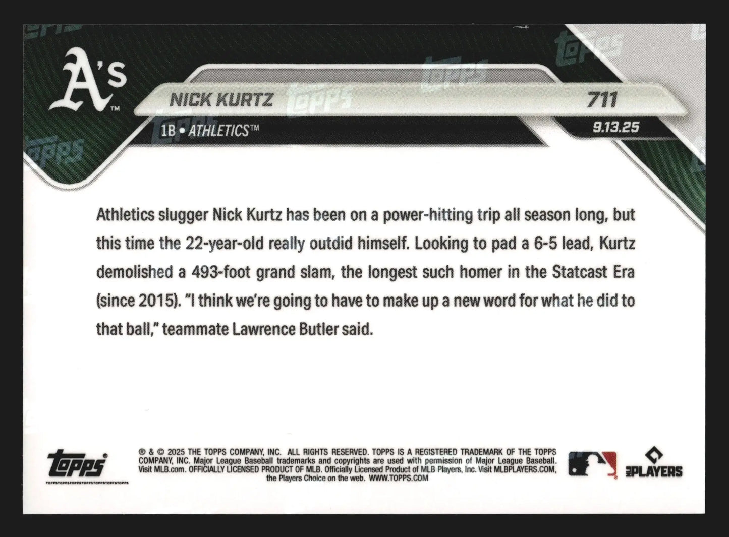 2025 Topps NOW #711 Nick Kurtz A’s RC 493-Foot Grand Slam