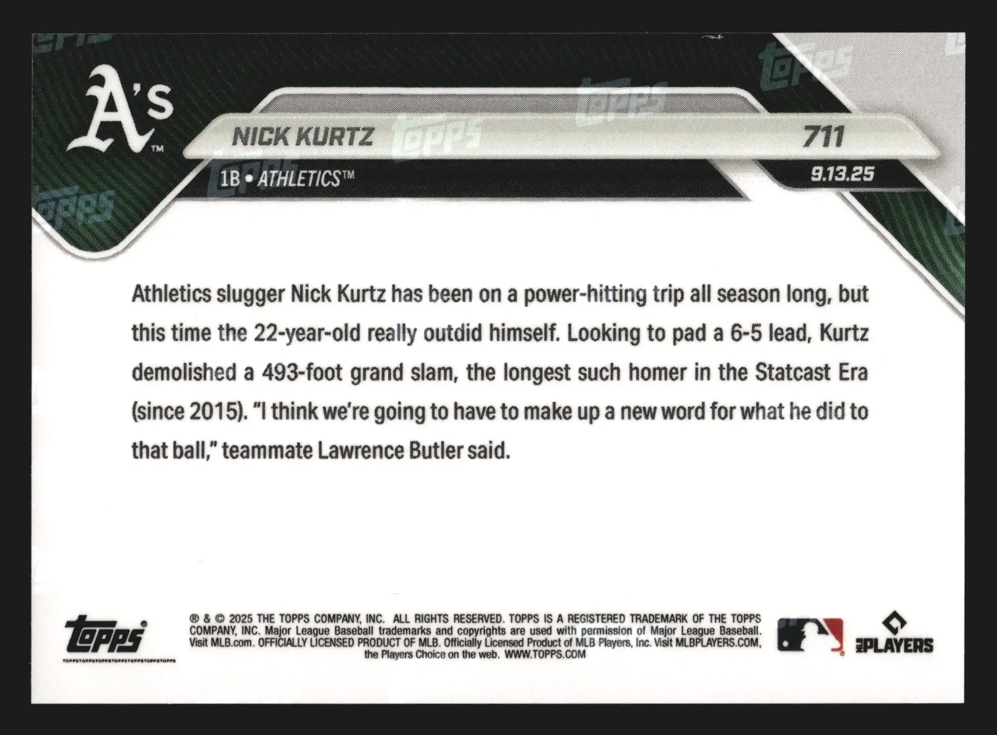 2025 Topps NOW #711 Nick Kurtz A’s RC 493-Foot Grand Slam
