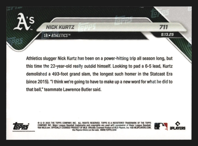 2025 Topps NOW #711 Nick Kurtz A’s RC 493-Foot Grand Slam
