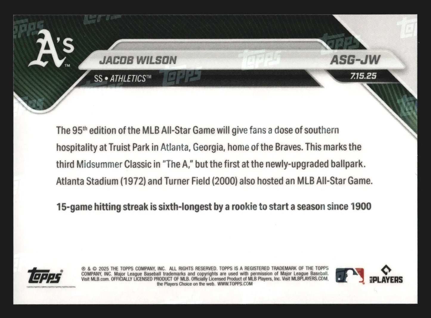 2025 Topps NOW #ASG-JW Jacob Wilson Athletics RC MLB All-Star Game Selection AL - Baseball Card Single