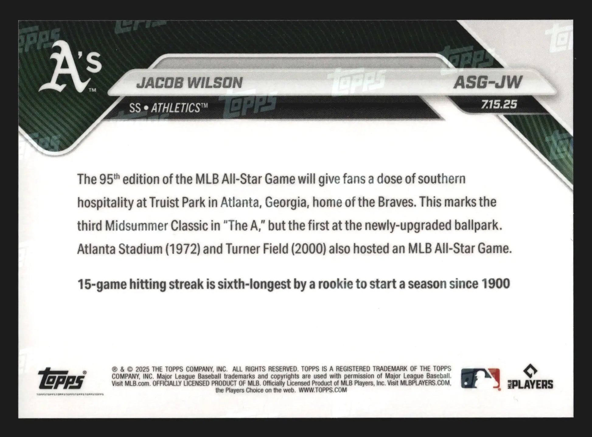 2025 Topps NOW #ASG-JW Jacob Wilson Athletics RC MLB All-Star Game Selection AL - Baseball Card Single