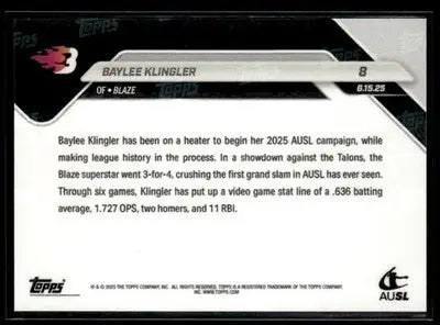 2025 Topps Now AUSL #8 Baylee Klingler 1st Grand Slam in AUSL History - Baseball Card Single