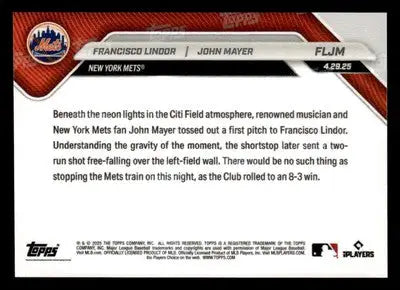 2025 Topps Now #FLJM Francisco Lindor / John Mayer John Mayer 1st Pitch - Baseball Card Single