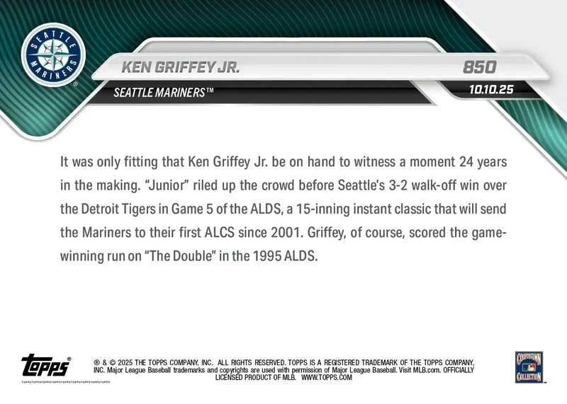 2025 Topps Now Ken Griffey Jr. Card 850 The Kid Rolls Up Seattle Mariners - Baseball Card Single