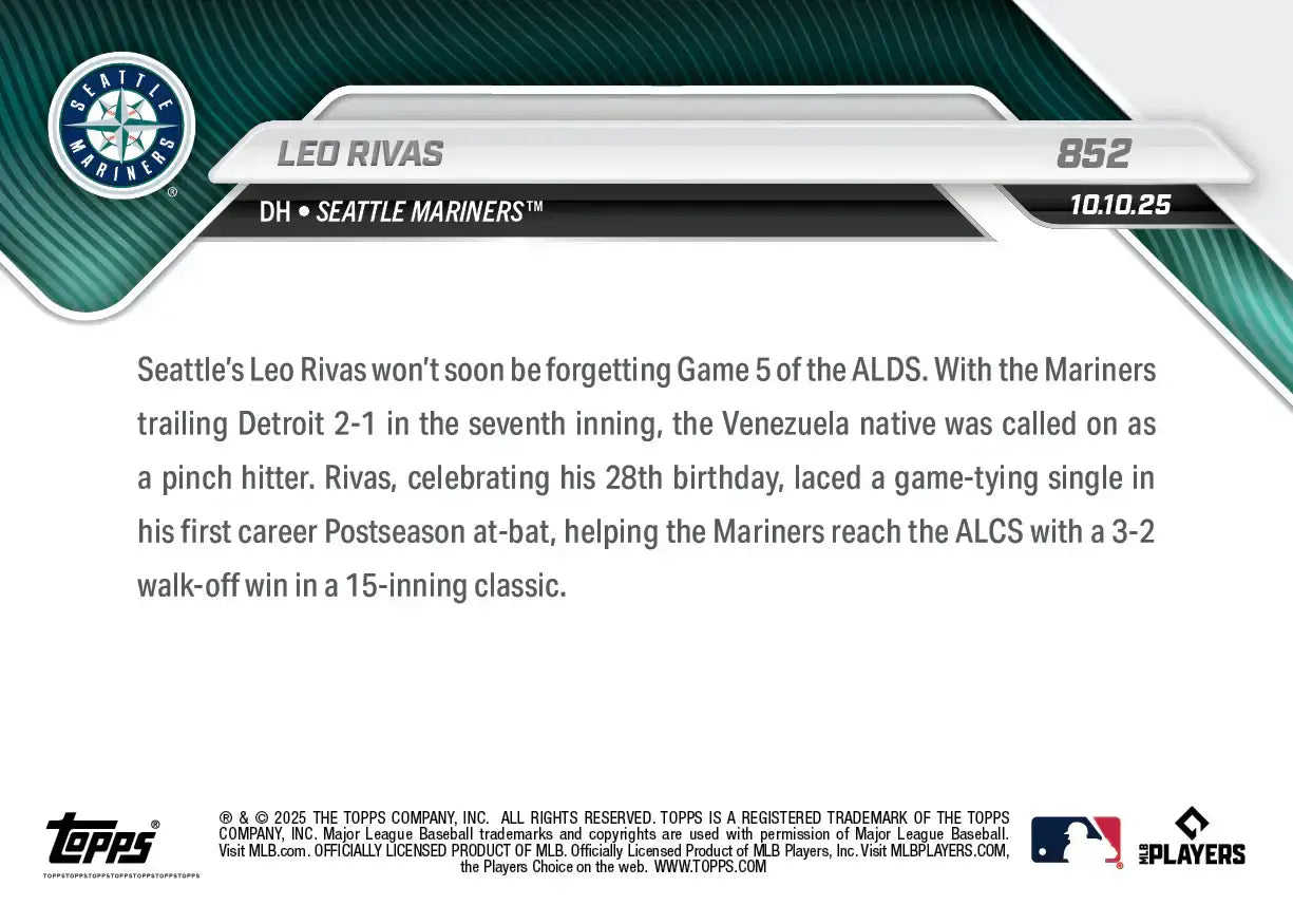 2025 Topps Now Leo Rivas Card 852 Birthday Boy Celebrates Pinch-Hit RBI - Baseball Card Single