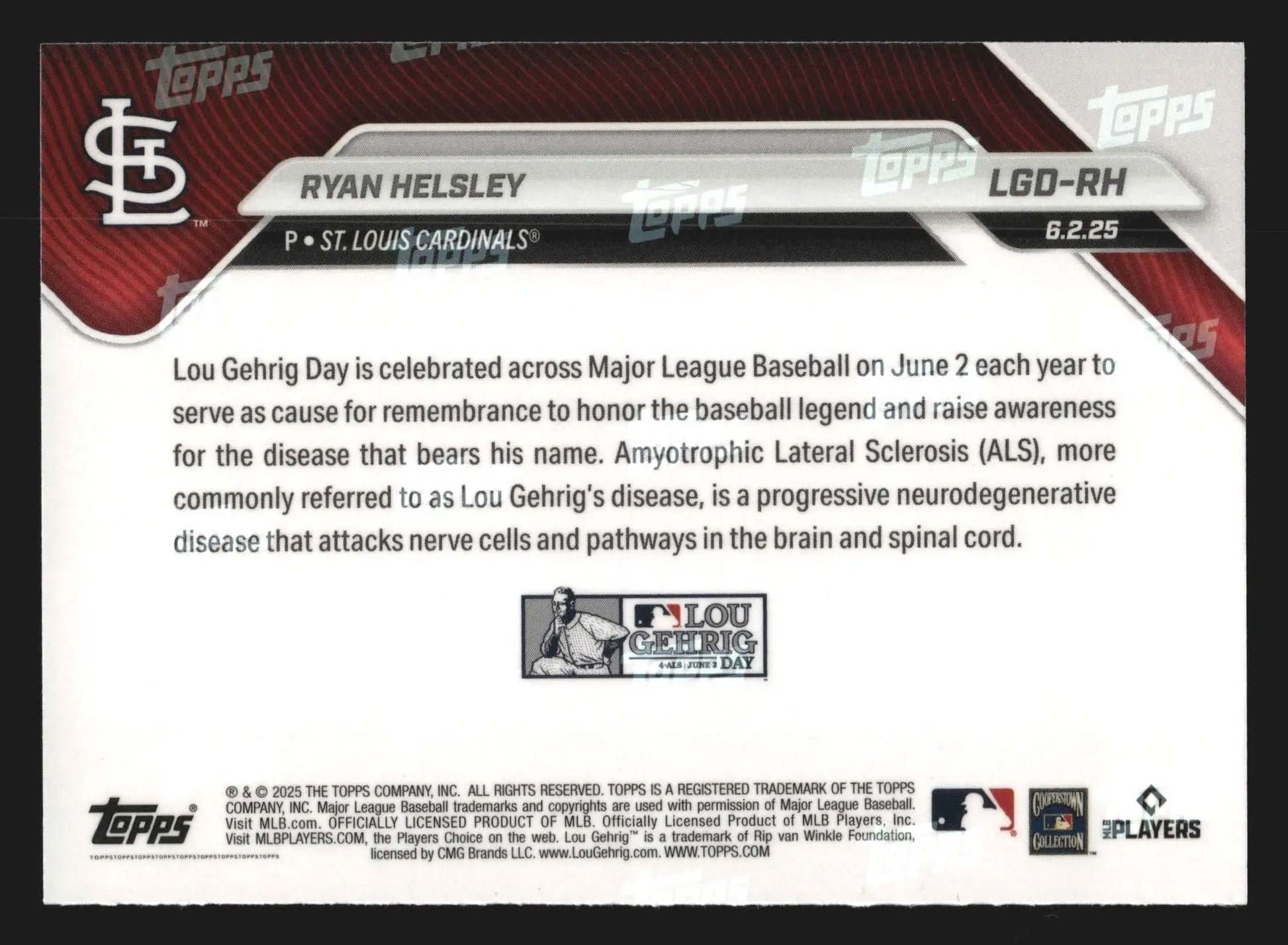 2025 Topps NOW #LGD-RH Ryan Helsley Cardinals Lou Gehrig Day 2025 - Baseball Card Single