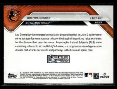 2025 Topps Now Lou Gehrig Day: Presented by Sarah Langs #LGD-CC Colton Cowser - Baseball Card Single