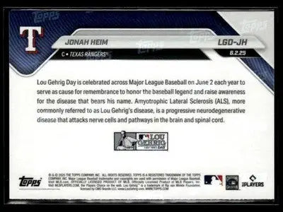 2025 Topps Now Lou Gehrig Day: Presented by Sarah Langs #LGD-JH Jonah Heim - Baseball Card Single