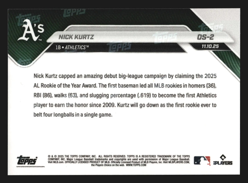 2025 Topps NOW #OS-2 Nick Kurtz Athletics RC AL Rookie of Year