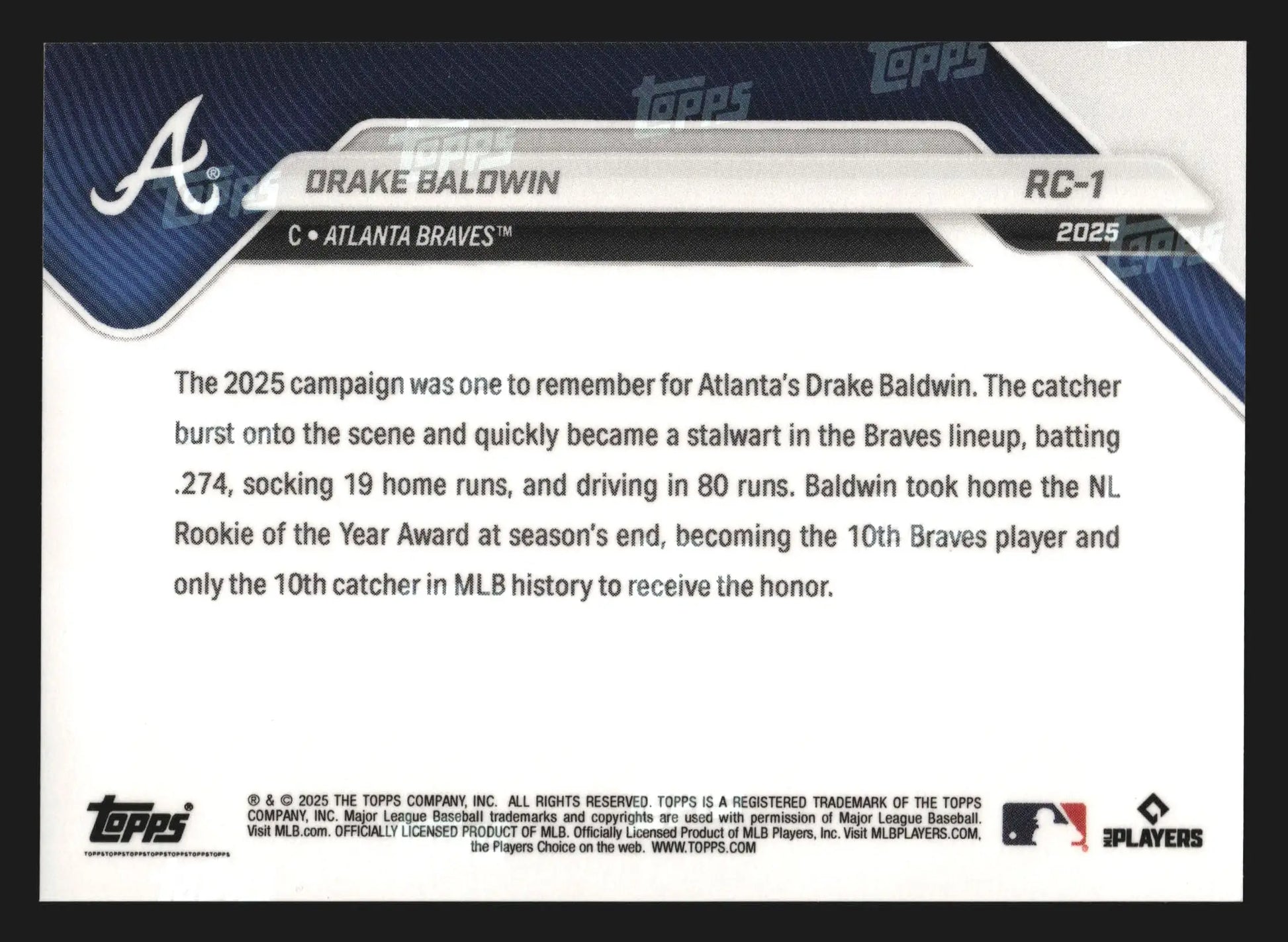 2025 Topps NOW #RC-1 Drake Baldwin Braves RC MLB Rookie Cup
