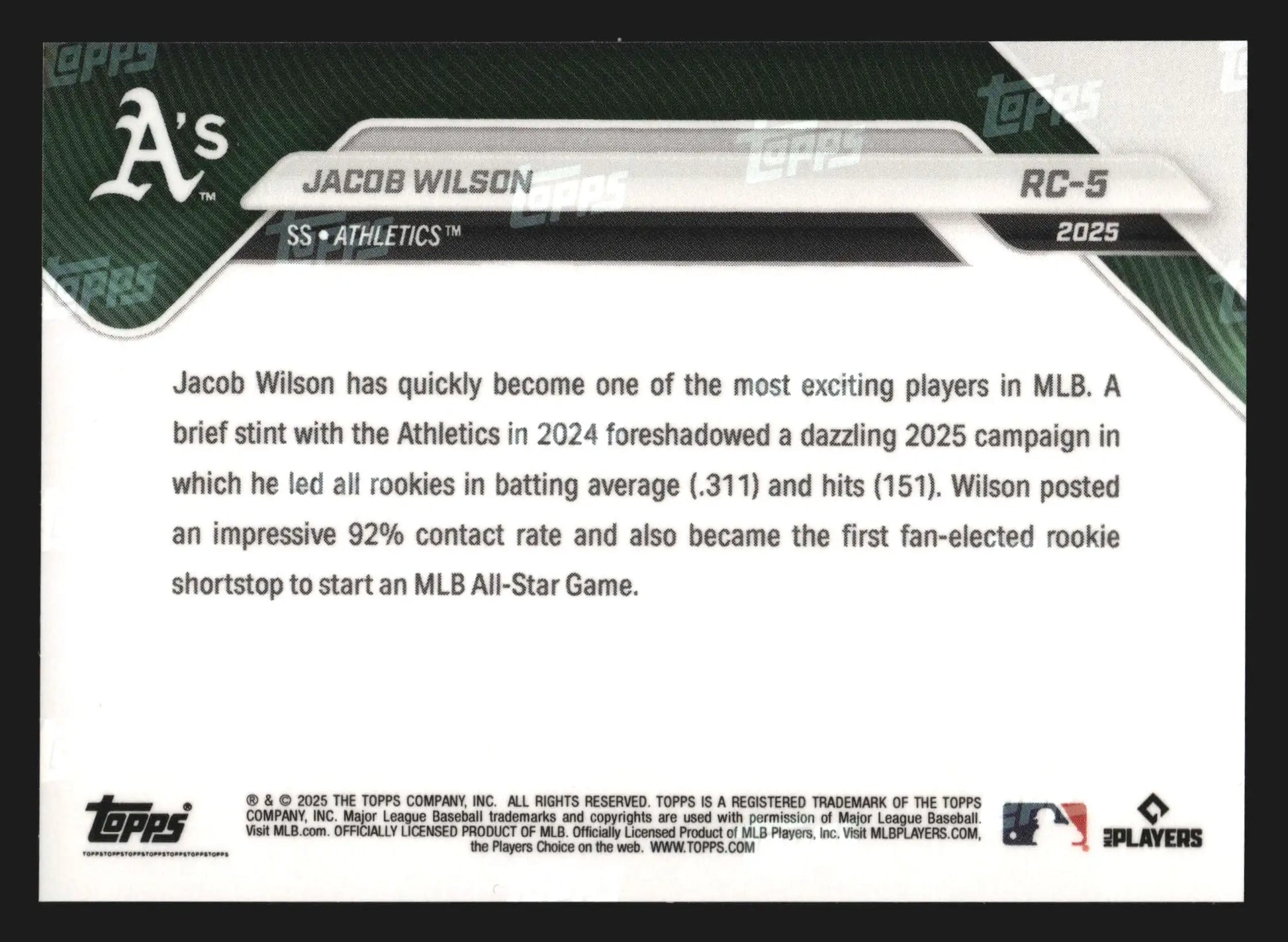 2025 Topps NOW #RC-5 Jacob Wilson Athletics RC Topps MLB Rookie Cup Team - Baseball Card Single