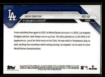 2025 Topps Now Rookie Cup Jack Dreyer #RC-12 RC Los Angeles Dodgers - Baseball Card Single