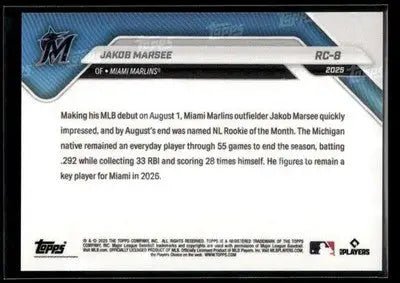 2025 Topps Now Rookie Cup Jakob Marsee #RC-8 Miami Marlins - Baseball Card Single