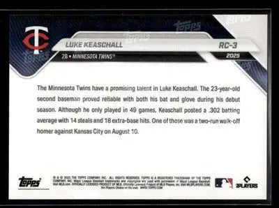 2025 Topps Now Rookie Cup Luke Keaschall #RC-3 Minnesota Twins - Baseball Card Single