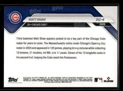 2025 Topps Now Rookie Cup Matt Shaw #RC-4 Chicago Cubs - Baseball Card Single