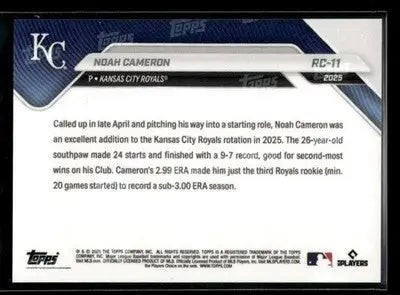 2025 Topps Now Rookie Cup Noah Cameron #RC-11 Kansas City Royals - Baseball Card Single