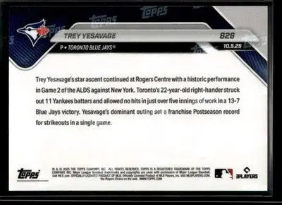 2025 Topps Now Trey Yesavage #826 Toronto Blue Jays