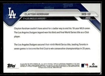2025 Topps Now World Series Champions LA Dodgers Clayton Kershaw #WS-13