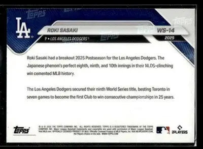2025 Topps Now World Series Champions Los Angeles Dodgers Roki Sasaki #WS-14
