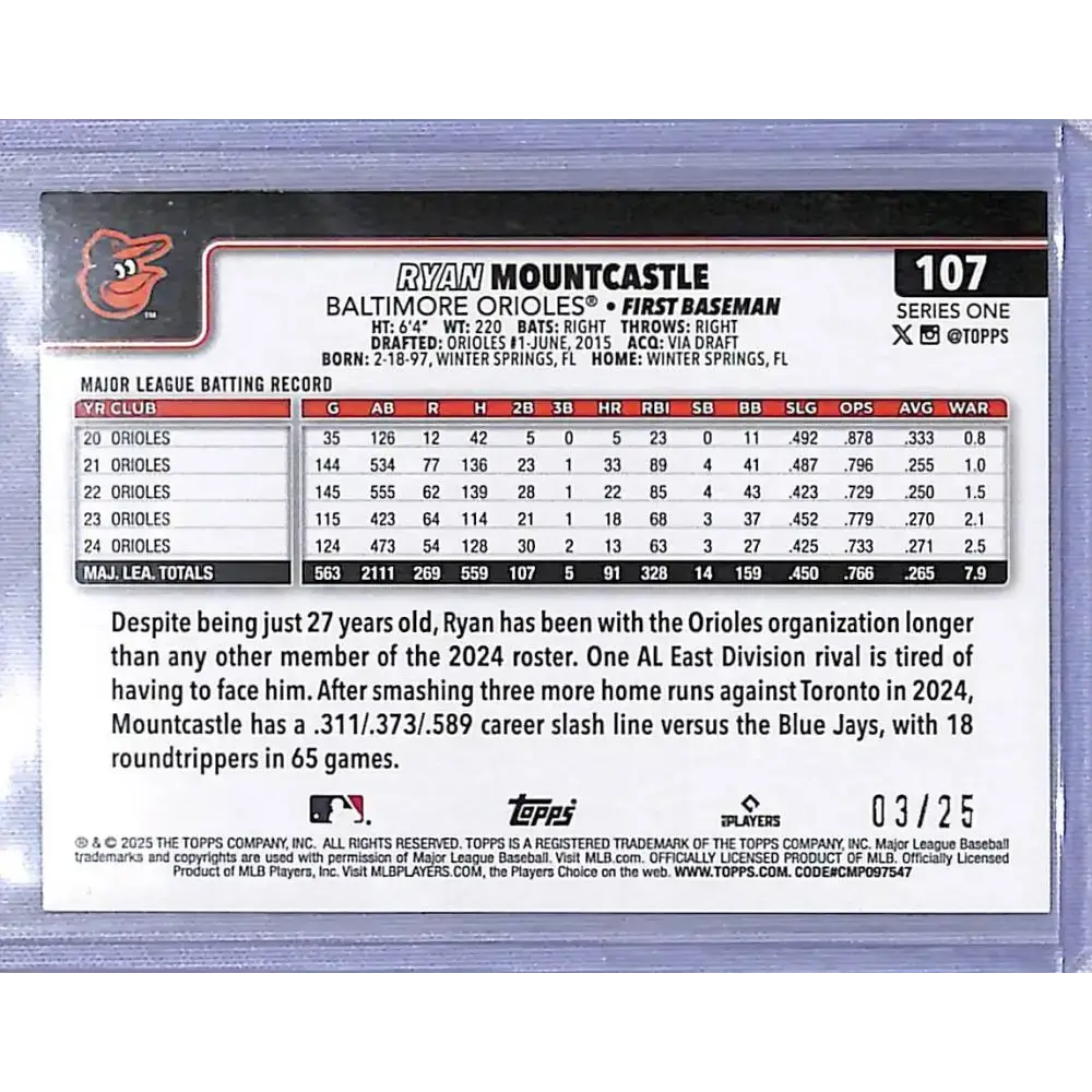 2025 Topps Orange Diamante #107 Ryan Mountcastle NM-MT 03/25 Baltimore Orioles - Baseball Card Single