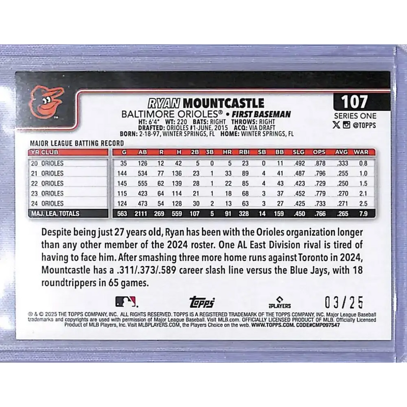 2025 Topps Orange Diamante #107 Ryan Mountcastle NM-MT 03/25 Baltimore Orioles - Baseball Card Single
