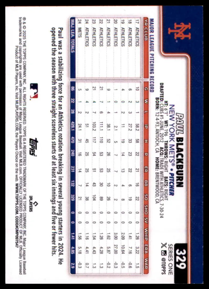 2025 Topps Paul Blackburn 329 New York Mets NM