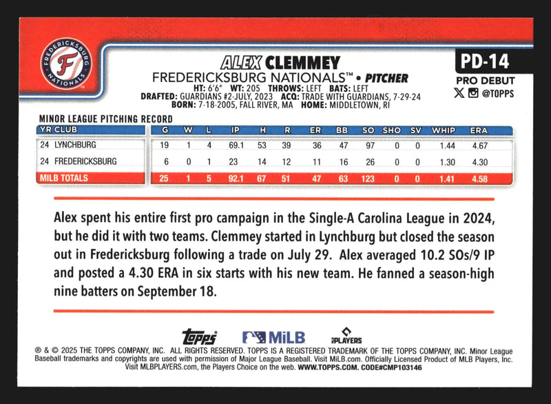 2025 Topps Pro Debut Alex Clemmey #PD-14 Fredericksburg Nationals - Baseball Card Single