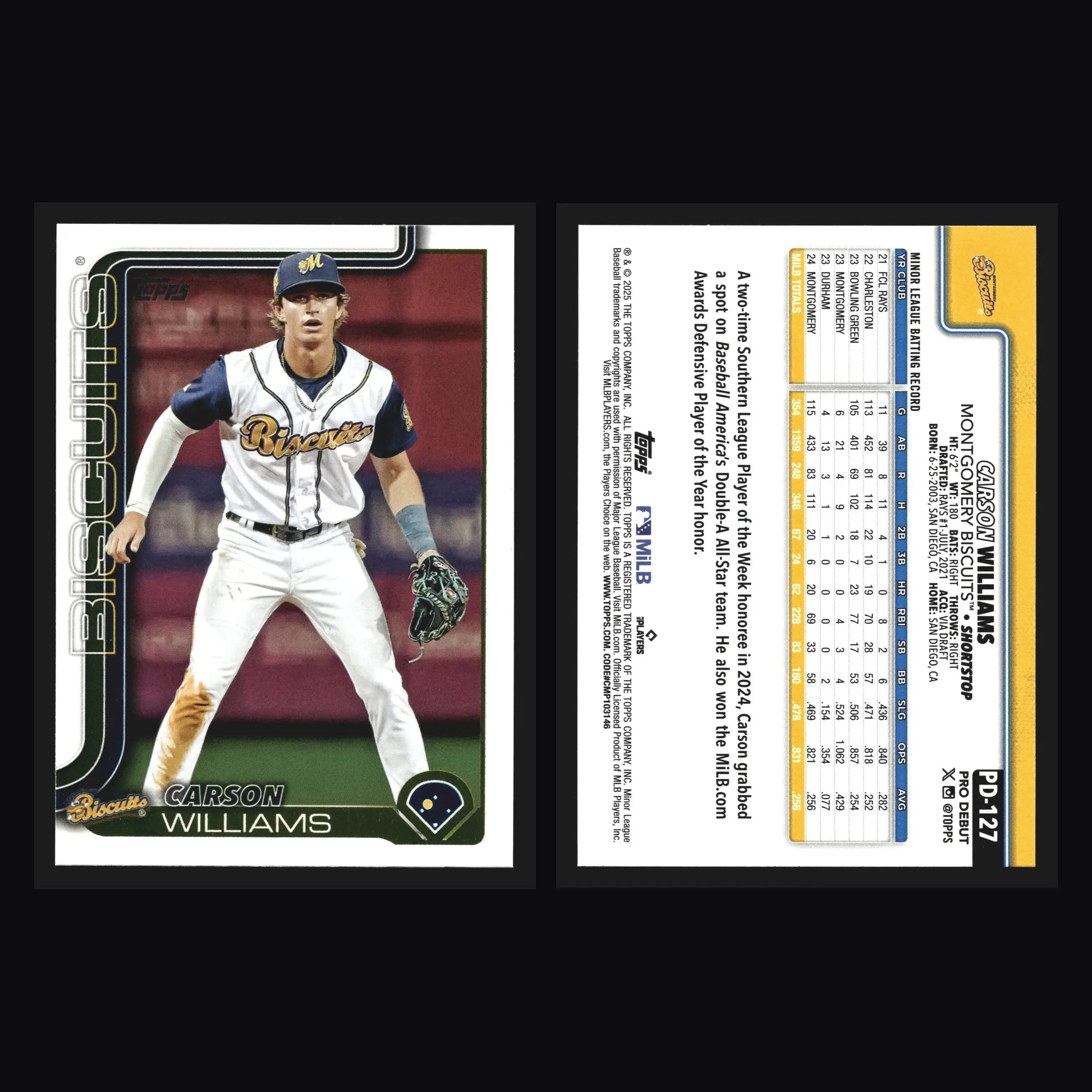 2025 Topps Pro Debut Carson Williams #PD-127 Montgomery Biscuits Rays - Baseball Card Single