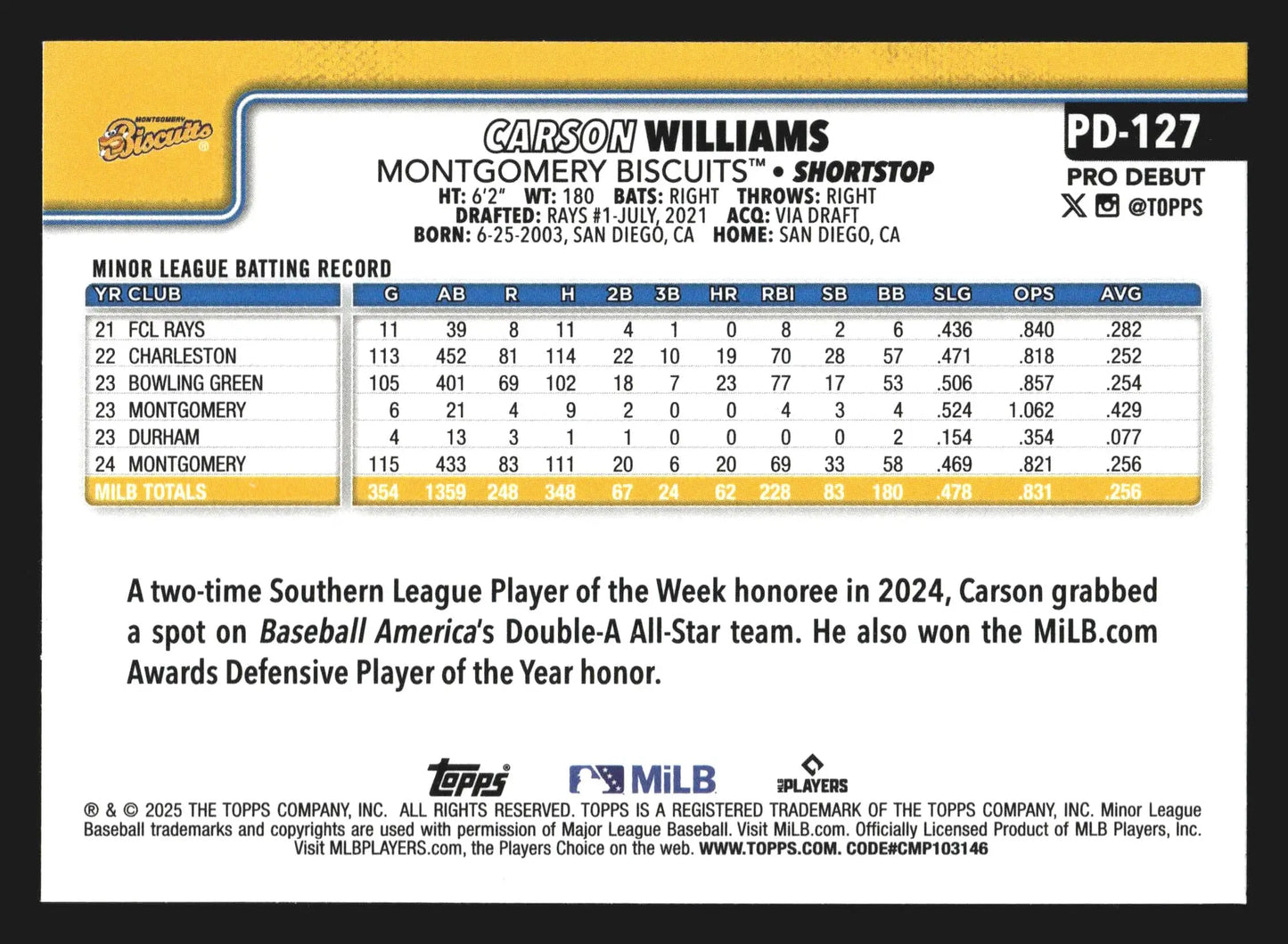 2025 Topps Pro Debut Carson Williams #PD-127 Montgomery Biscuits Rays - Baseball Card Single
