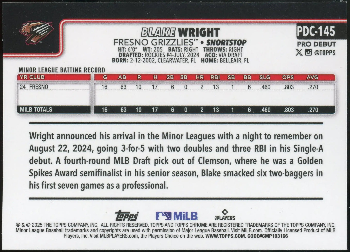 2025 Topps Pro Debut Chrome Blake Wright #PDC-145 Fresno Grizzlies - Baseball Card Single
