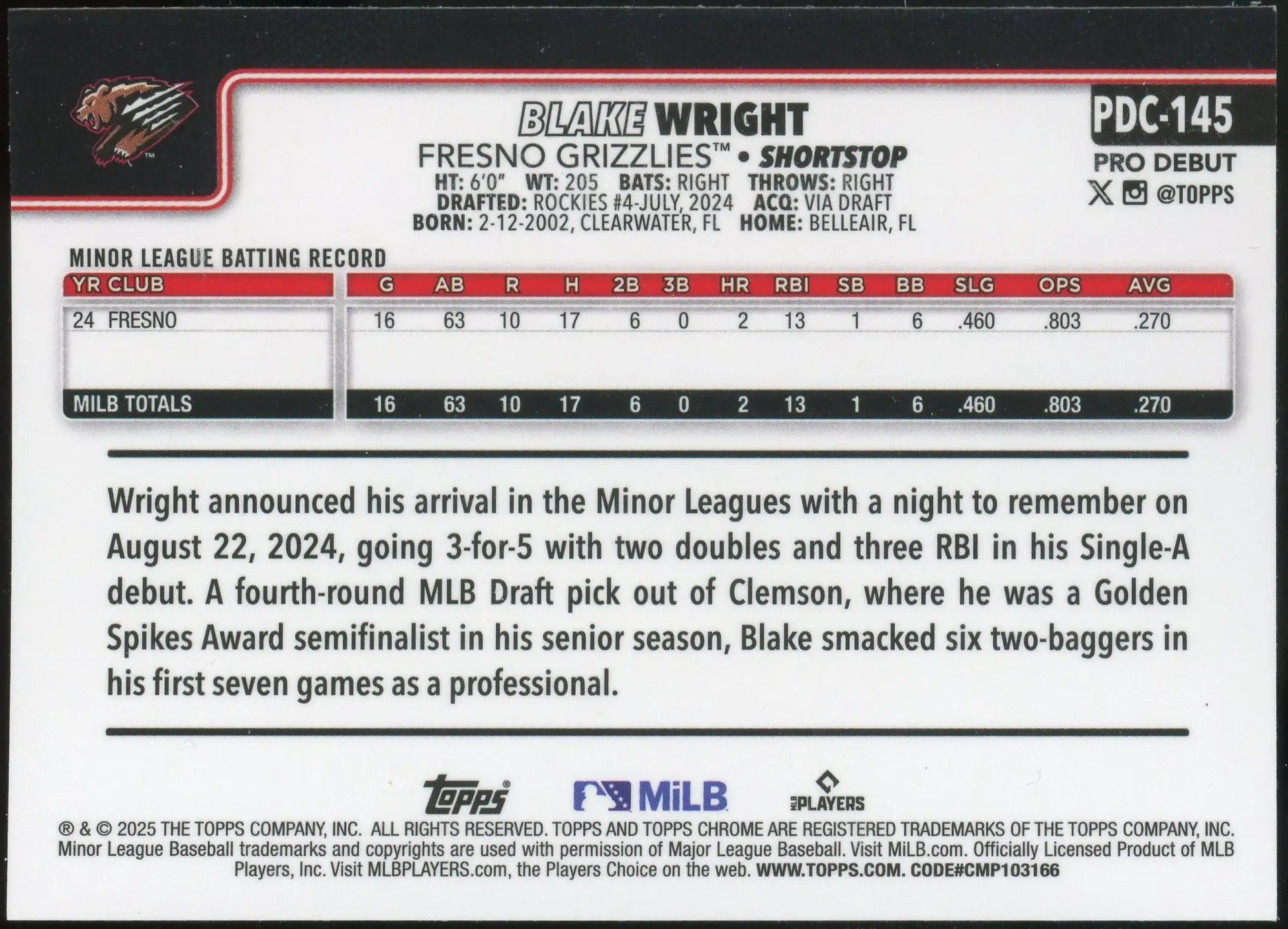 2025 Topps Pro Debut Chrome Blake Wright #PDC-145 Fresno Grizzlies - Baseball Card Single