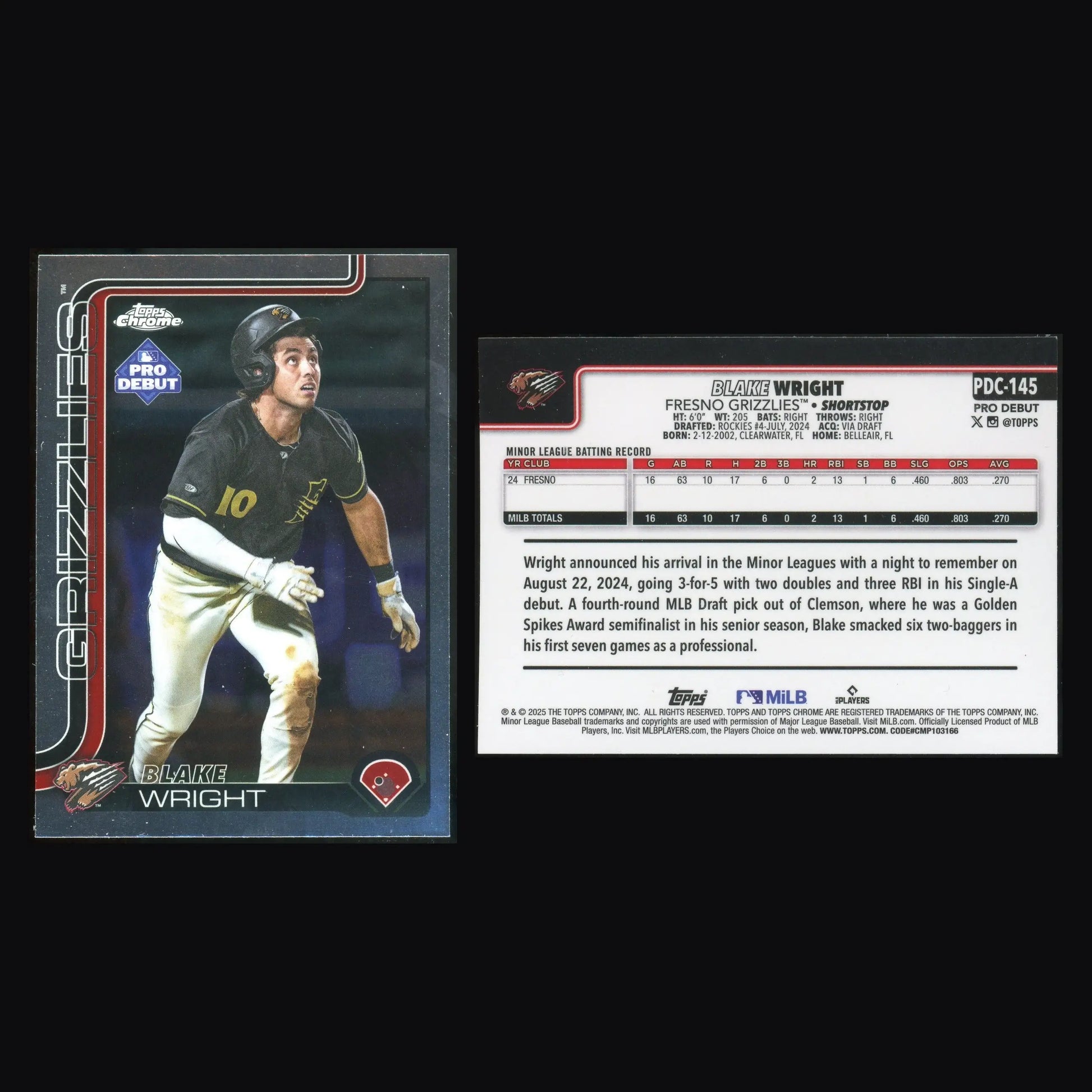 2025 Topps Pro Debut Chrome Blake Wright #PDC-145 Fresno Grizzlies - Baseball Card Single