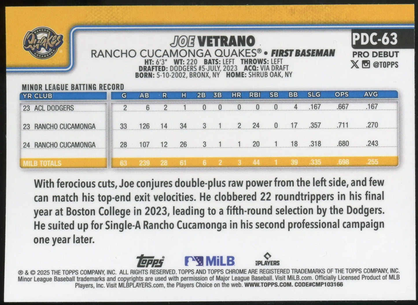 2025 Topps Pro Debut Chrome Joe Vetrano #PDC-63 Rancho Cucamonga Quakes - Baseball Card Single