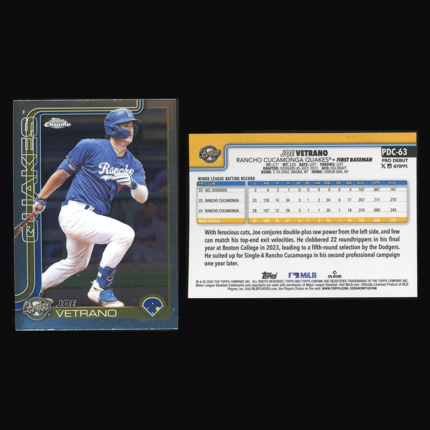 2025 Topps Pro Debut Chrome Joe Vetrano #PDC-63 Rancho Cucamonga Quakes - Baseball Card Single