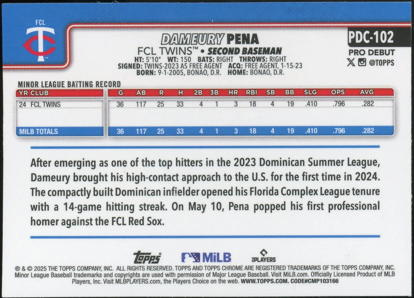 2025 Topps Pro Debut Chrome #PDC-102 Dameury Pena FCL Twins - Baseball Card Single