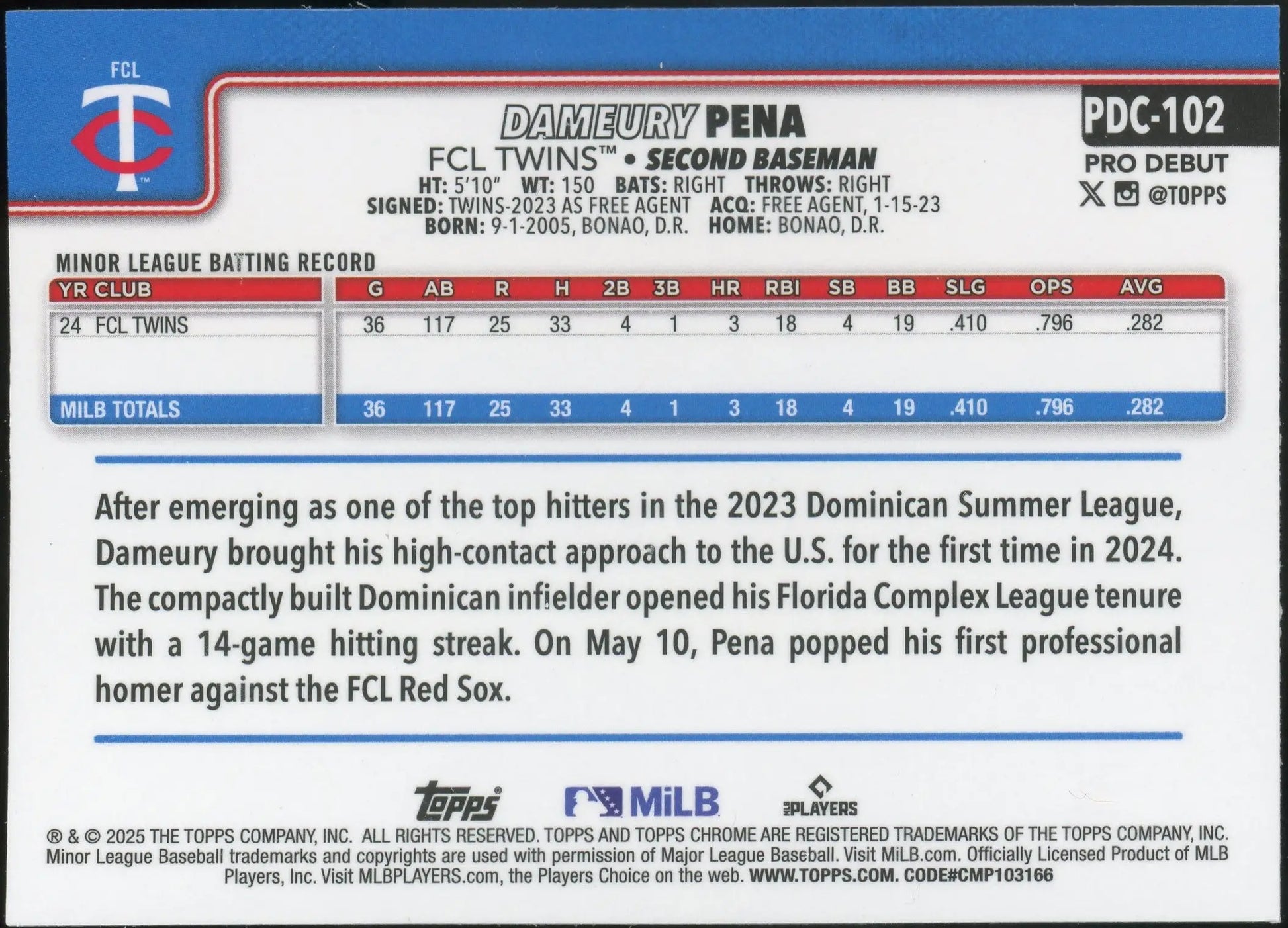 2025 Topps Pro Debut Chrome #PDC-102 Dameury Pena FCL Twins - Baseball Card Single