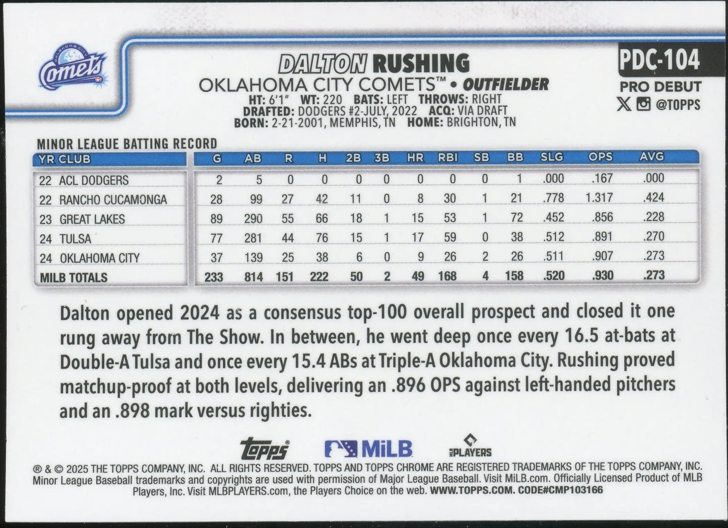 2025 Topps Pro Debut Chrome #PDC-104 Dalton Rushing Dodgers - Baseball Card Single