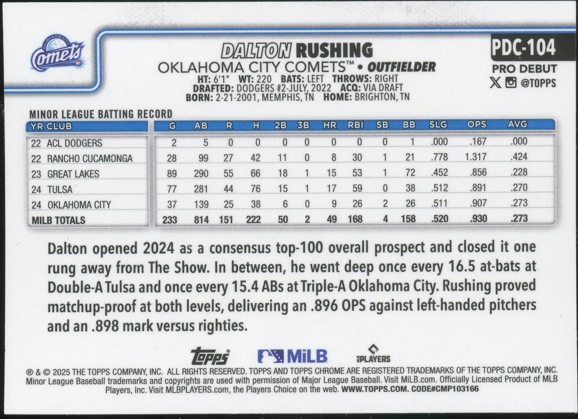 2025 Topps Pro Debut Chrome #PDC-104 Dalton Rushing Dodgers - Baseball Card Single