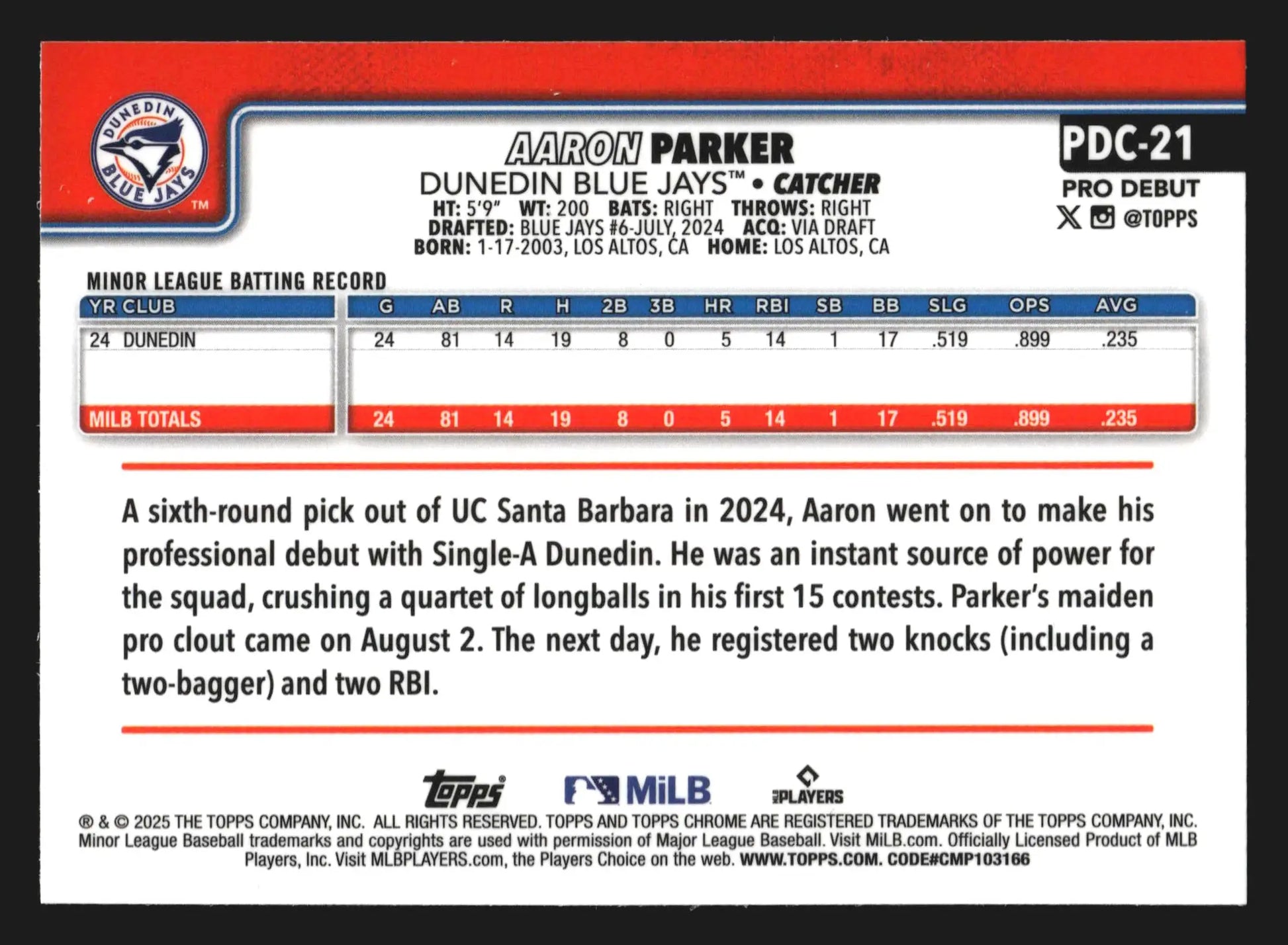 2025 Topps Pro Debut Chrome #PDC-21 Aaron Parker X-Fractor Blue Jays - Baseball Card Single