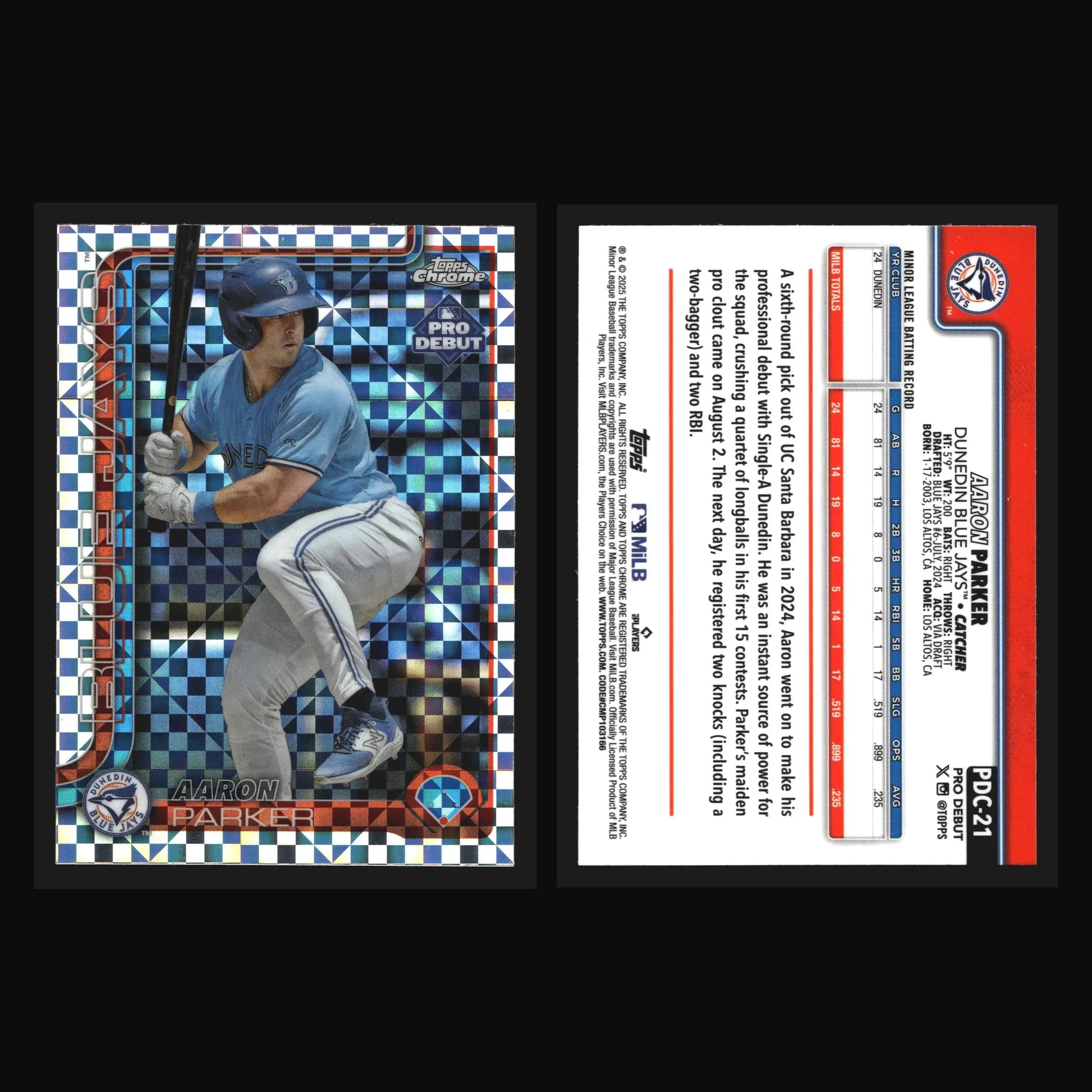 2025 Topps Pro Debut Chrome #PDC-21 Aaron Parker X-Fractor Blue Jays - Baseball Card Single