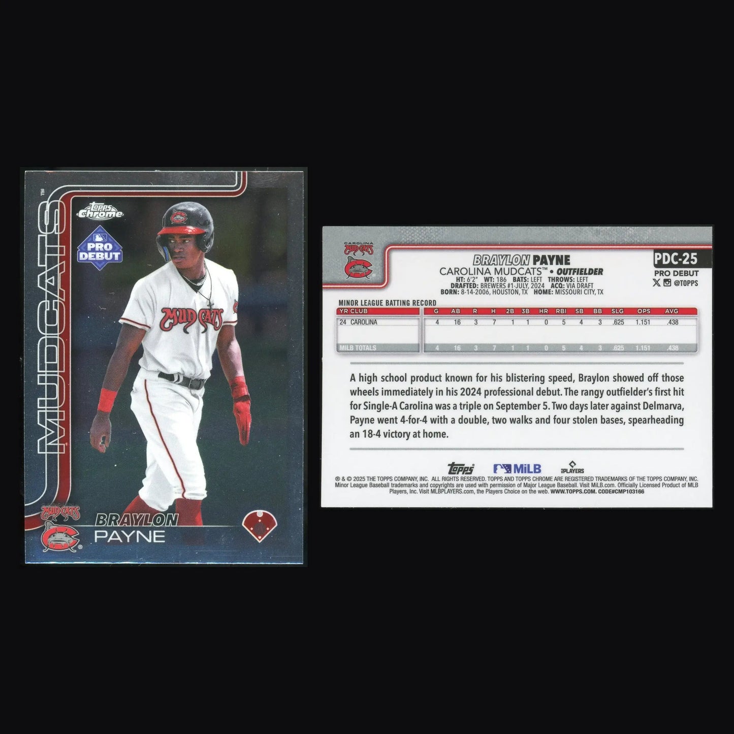 2025 Topps Pro Debut Chrome #PDC-25 Braylon Payne Carolina Mudcats Brewers - Baseball Card Single