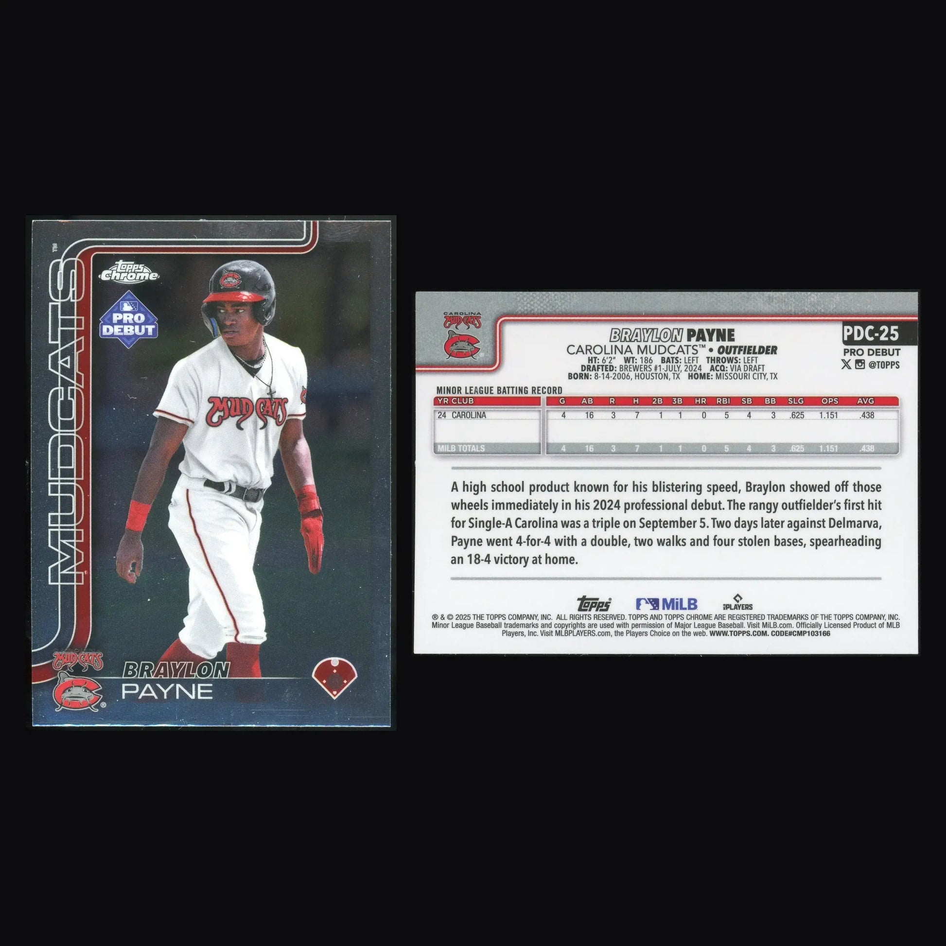 2025 Topps Pro Debut Chrome #PDC-25 Braylon Payne Carolina Mudcats Brewers - Baseball Card Single