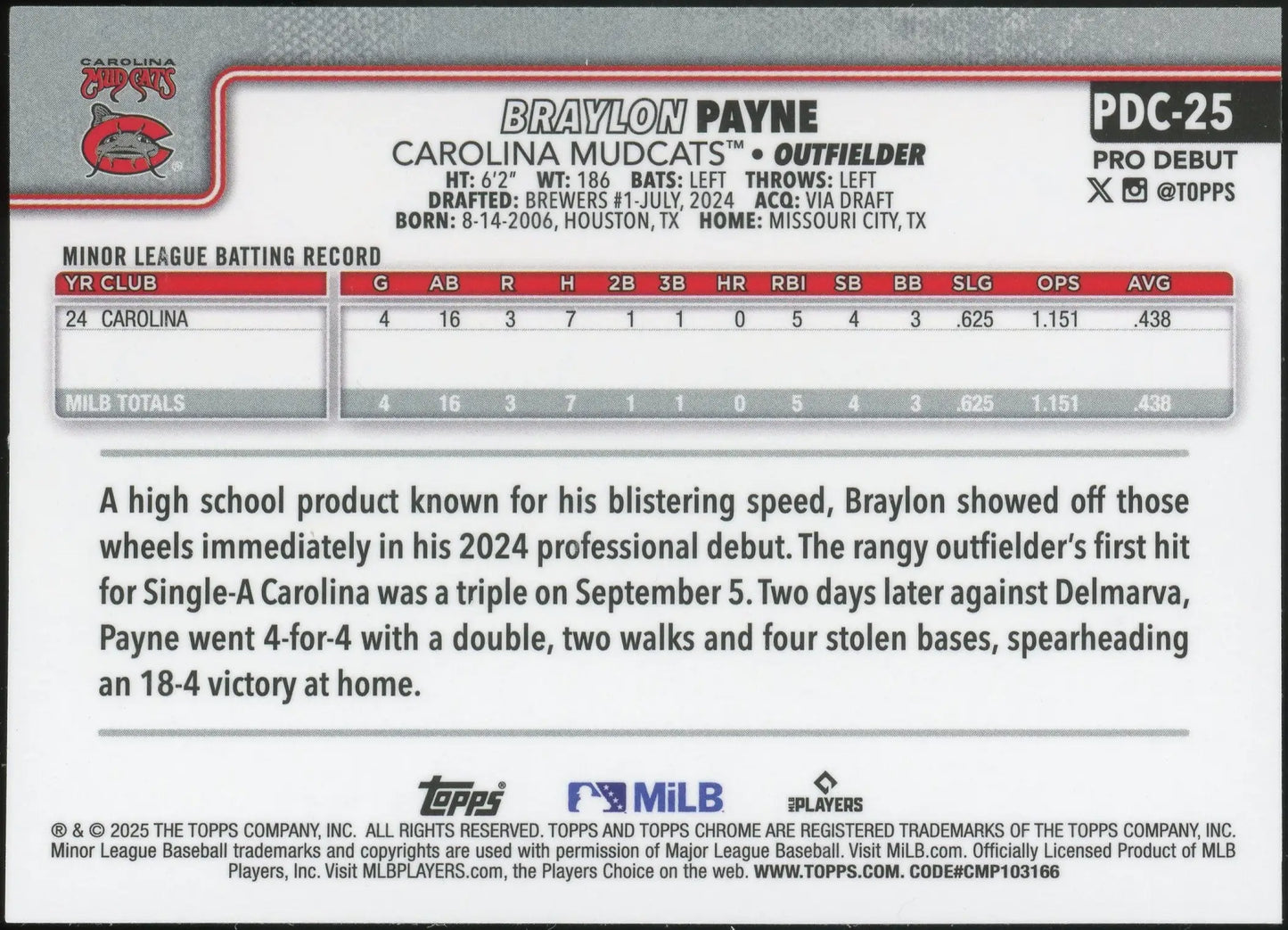 2025 Topps Pro Debut Chrome #PDC-25 Braylon Payne Carolina Mudcats Brewers - Baseball Card Single