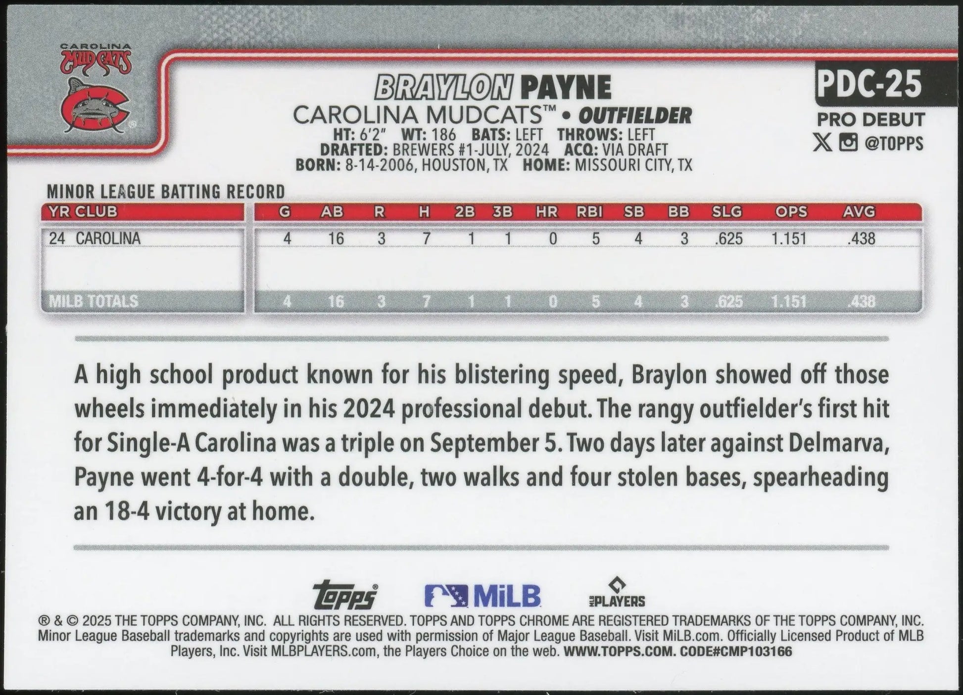 2025 Topps Pro Debut Chrome #PDC-25 Braylon Payne Carolina Mudcats Brewers - Baseball Card Single