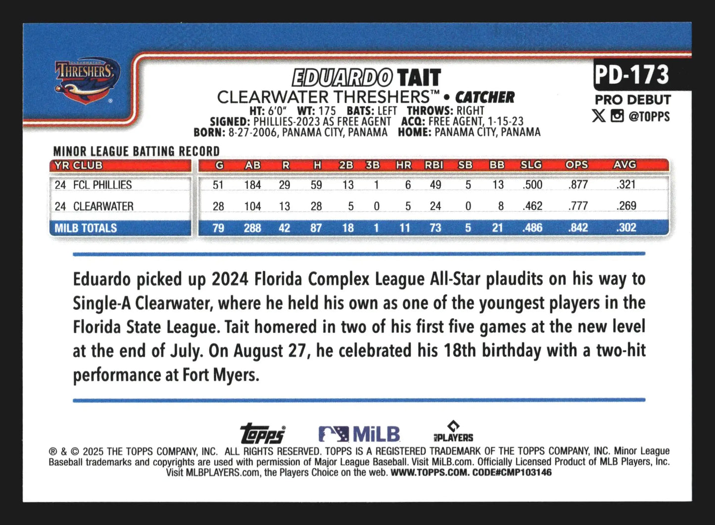 2025 Topps Pro Debut Eduardo Tait #PD-173 Clearwater Threshers Phillies - Baseball Card Single