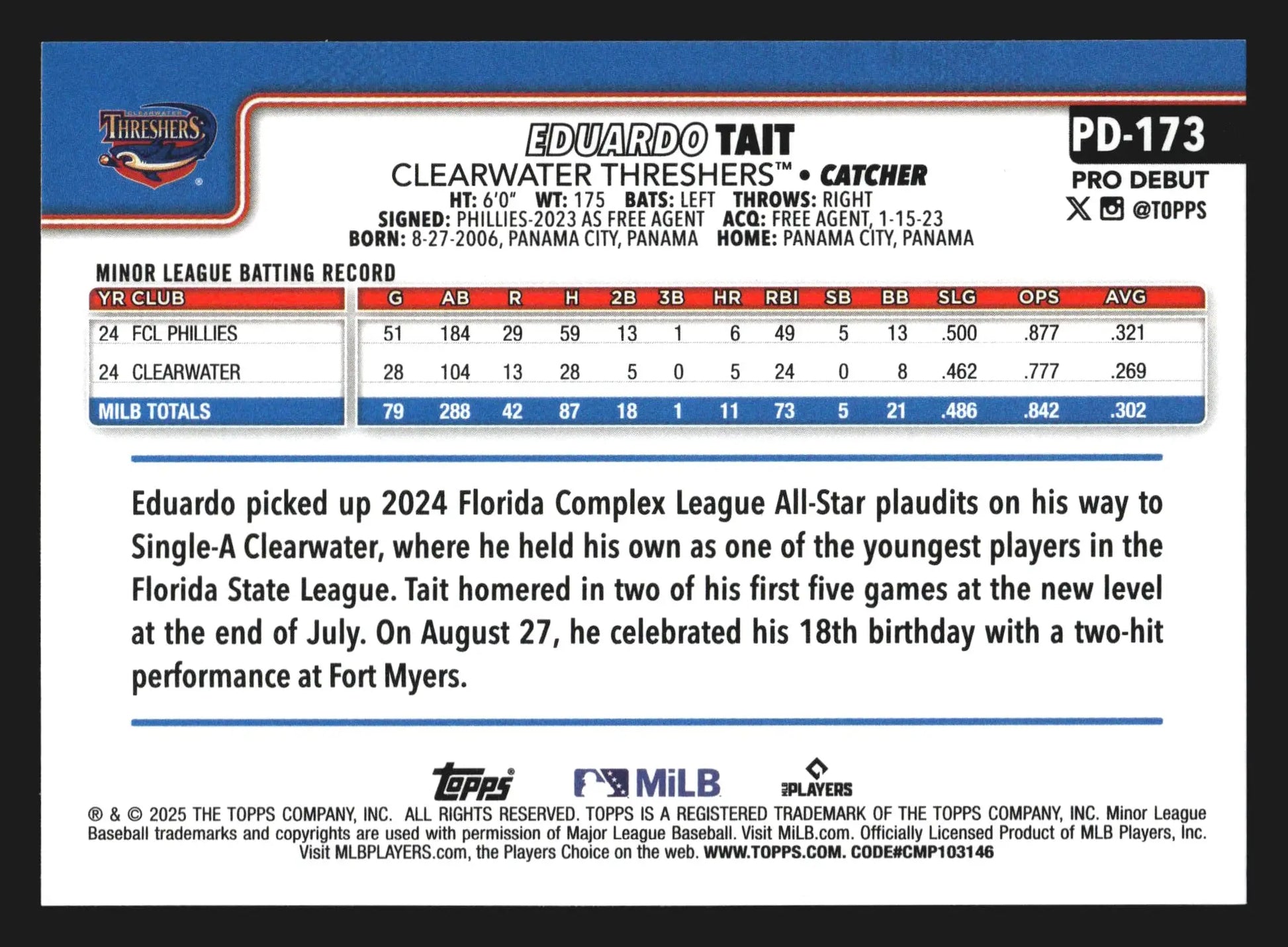 2025 Topps Pro Debut Eduardo Tait #PD-173 Clearwater Threshers Phillies - Baseball Card Single