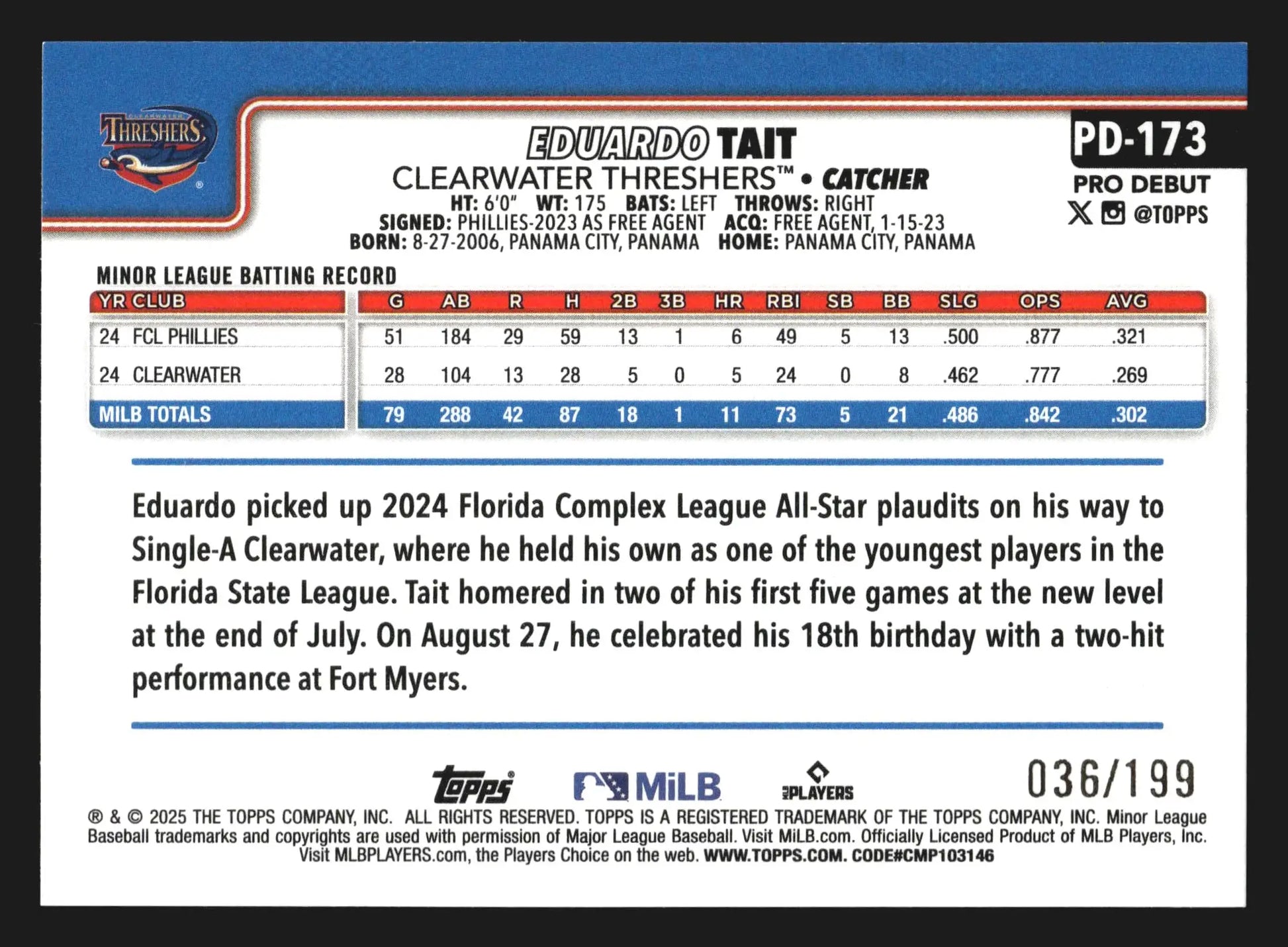 2025 Topps Pro Debut Eduardo Tait #PD-173 Fuchsia Foil /199 Threshers - Baseball Card Single