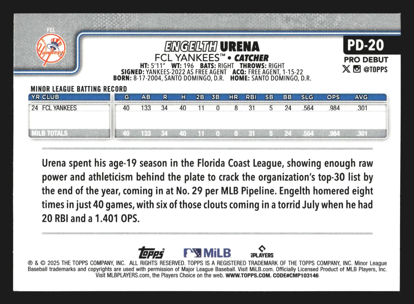 2025 Topps Pro Debut Engelth Urena #PD-20 FCL Yankees - Baseball Card Single