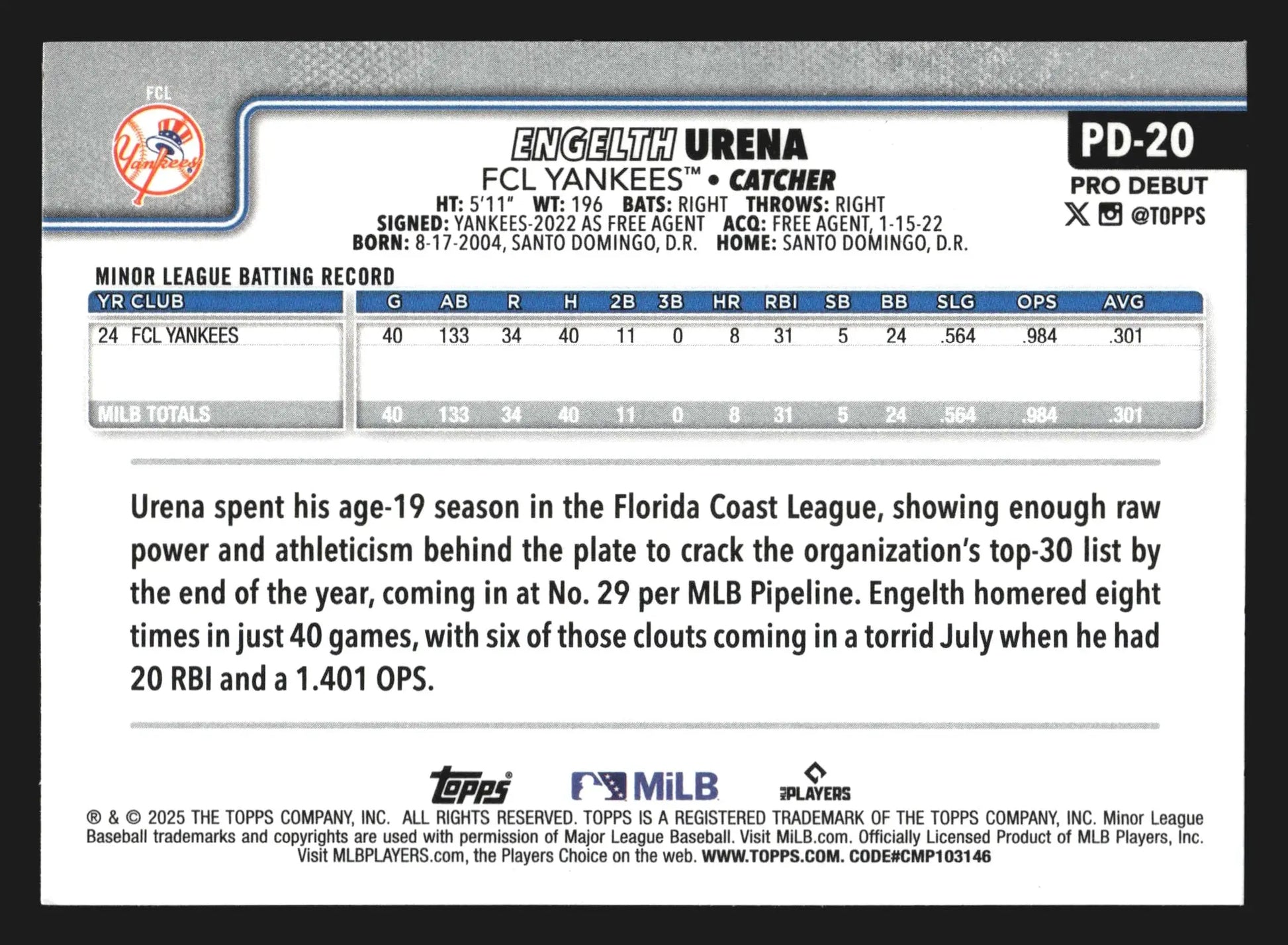 2025 Topps Pro Debut Engelth Urena #PD-20 FCL Yankees - Baseball Card Single